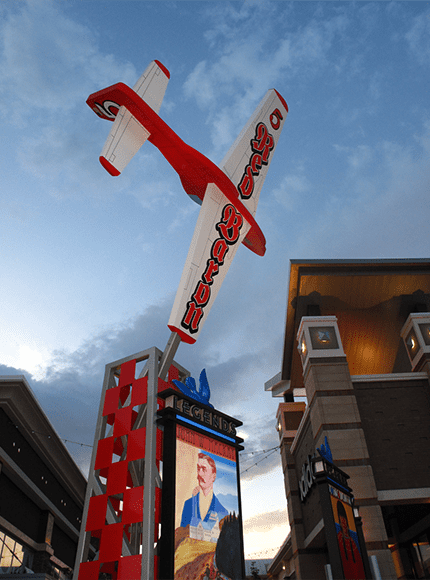 Large red airplane sculpture flying at Nevada mall