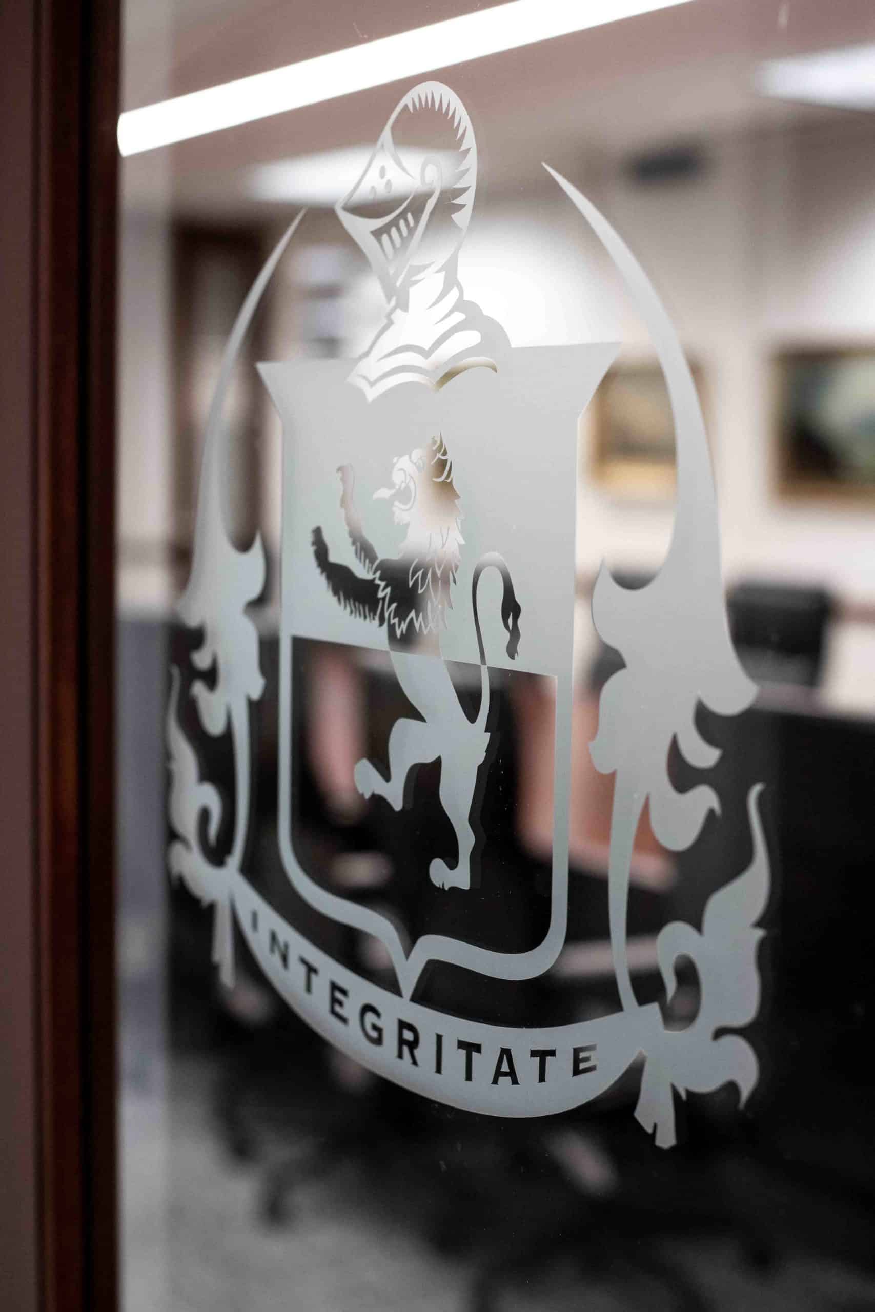 Frosted glass with logo on office door window