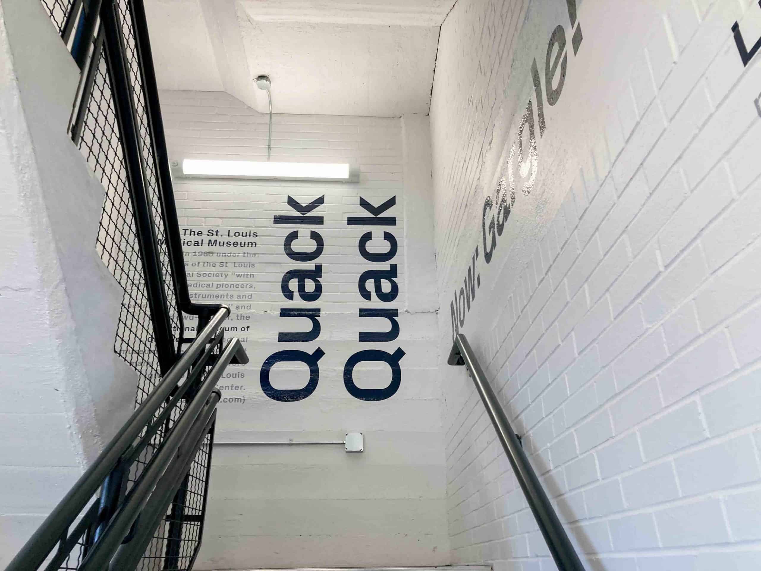 Vinyl graphics on stair walls that say quack quack
