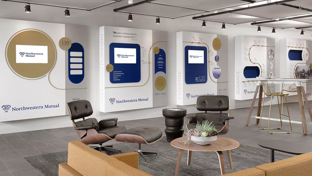 Lobby of northwestern mutual timeline wall with chairs in the front of the image