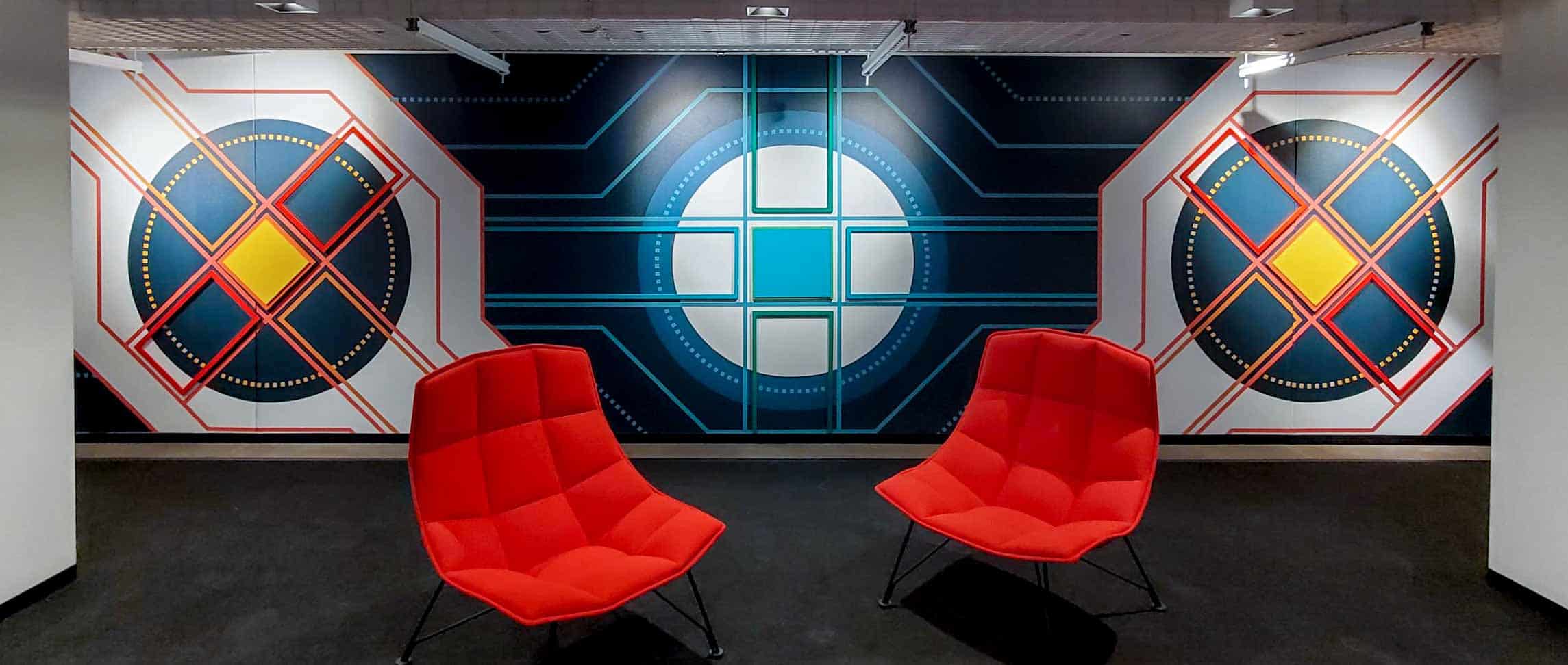 Custom graphic shapes and lines on wall vinyl graphic in Square Inc. office