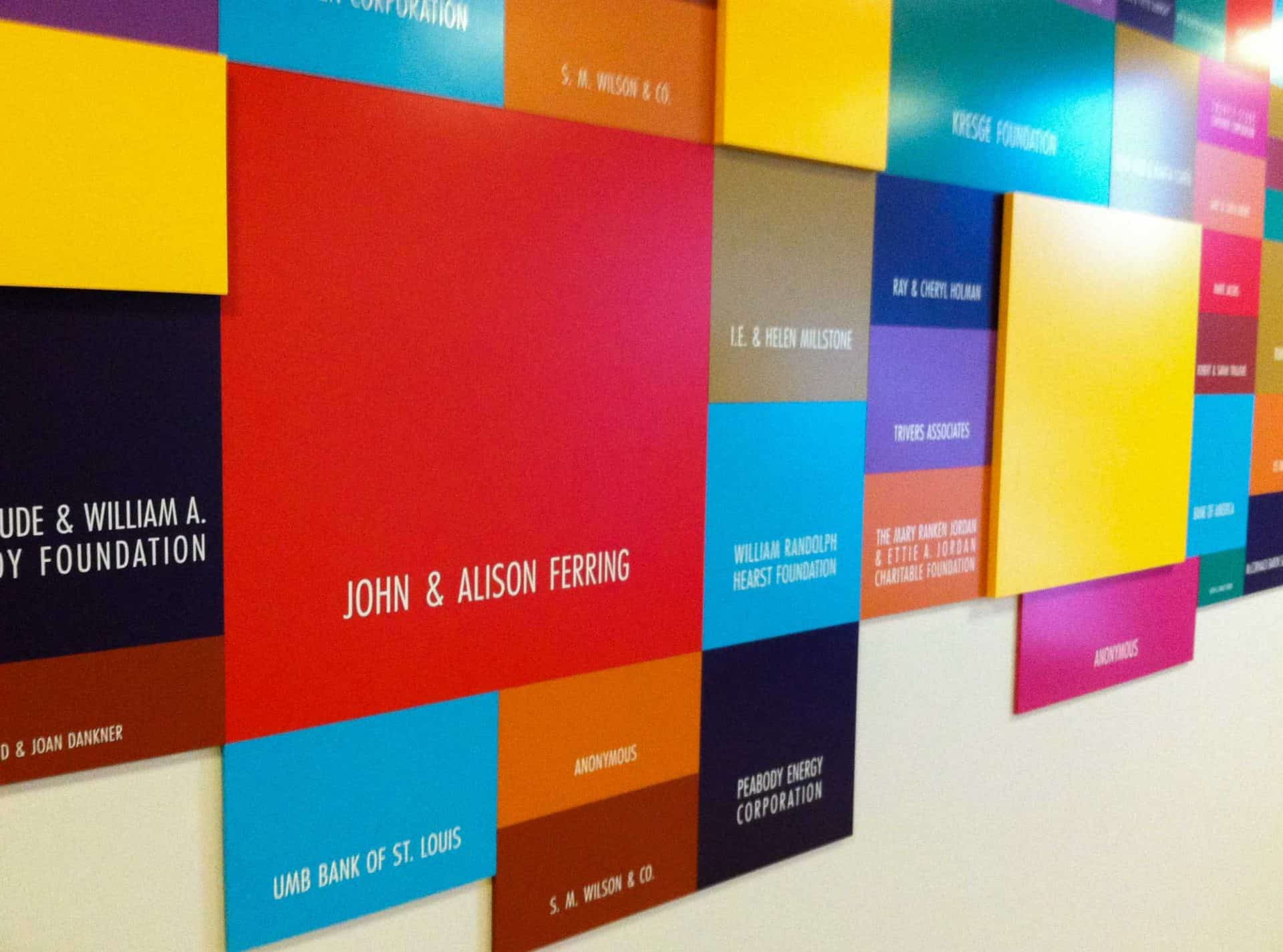 Donor Recognition wall with colorful name plaques