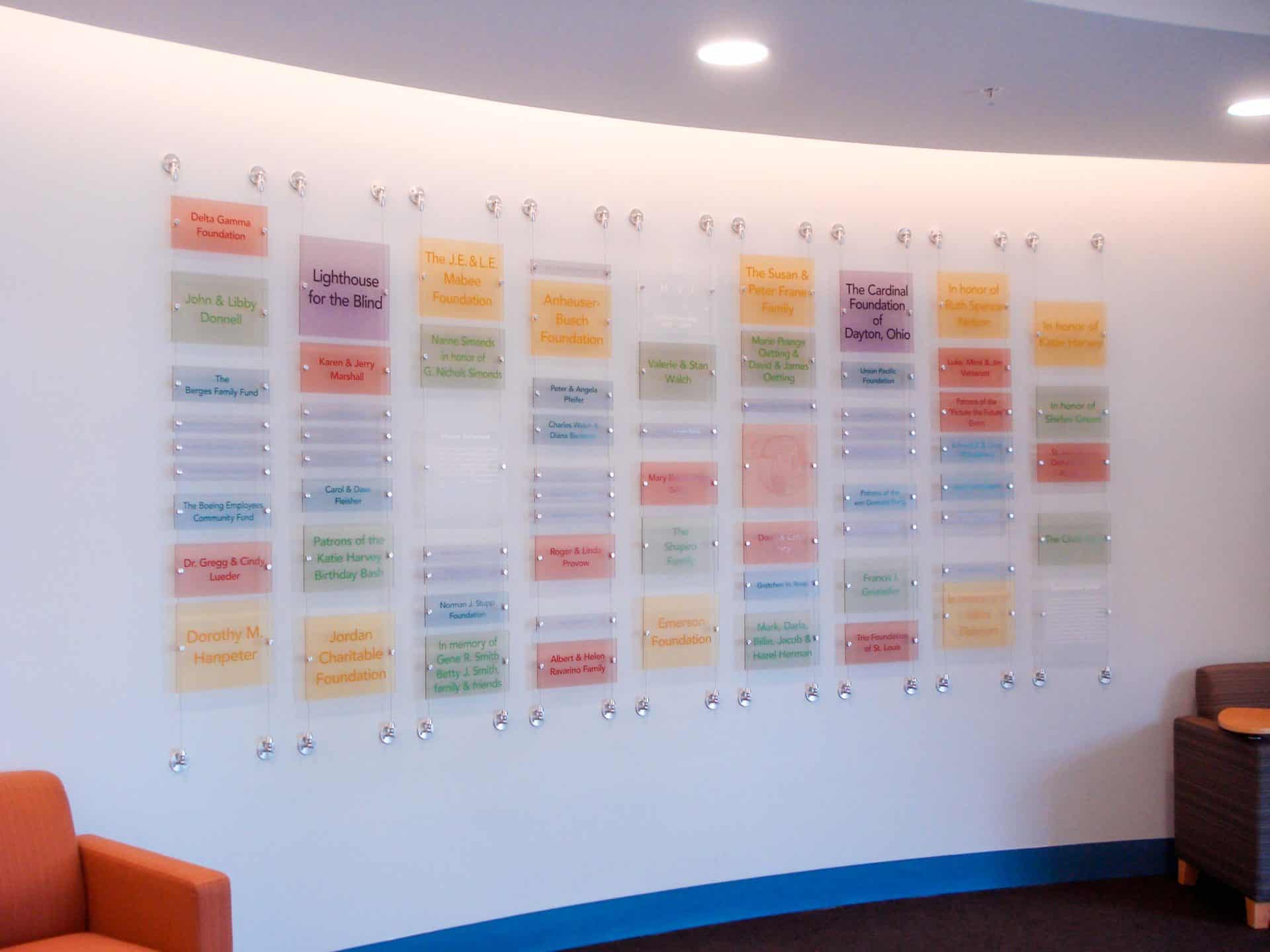 Colorful donor recognition that is easy to change on a curved wall
