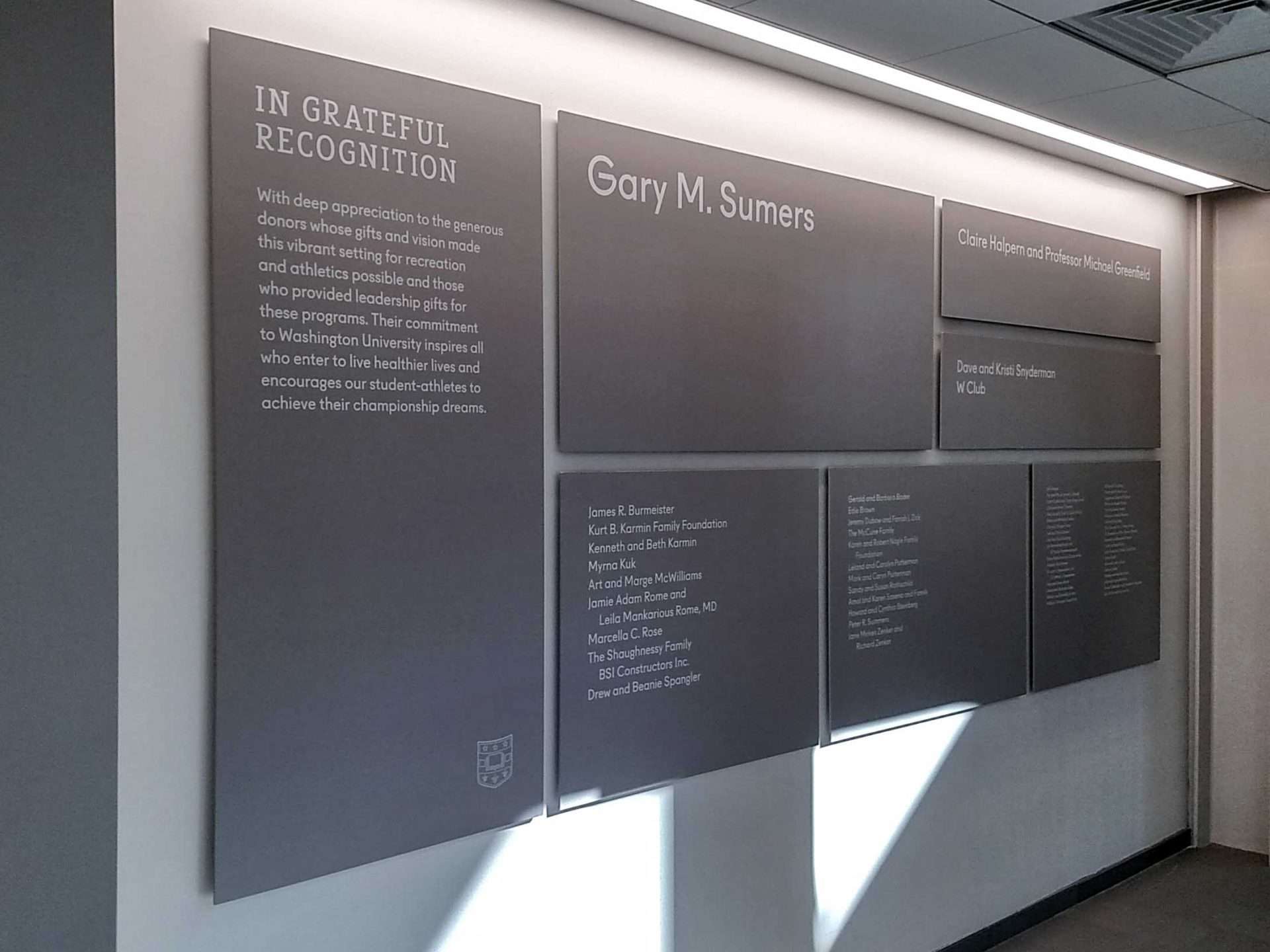 Donor Display with grey panels and names listed in white