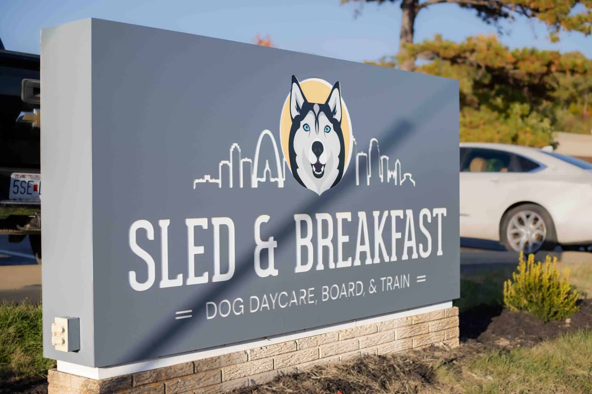 Custom aluminum monument sign with interior lighting for Sled & Breakfast