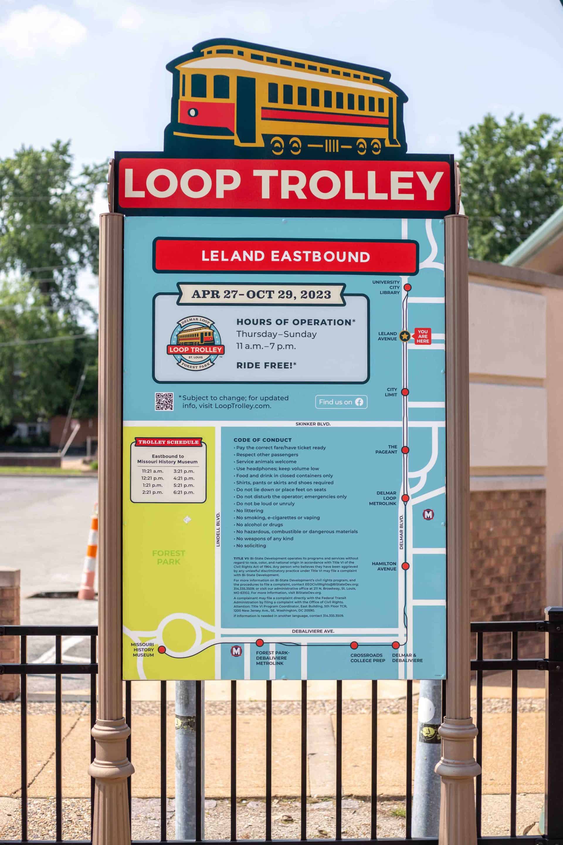 Loop Trolley educational sign with trolley map and historical information about the trolley