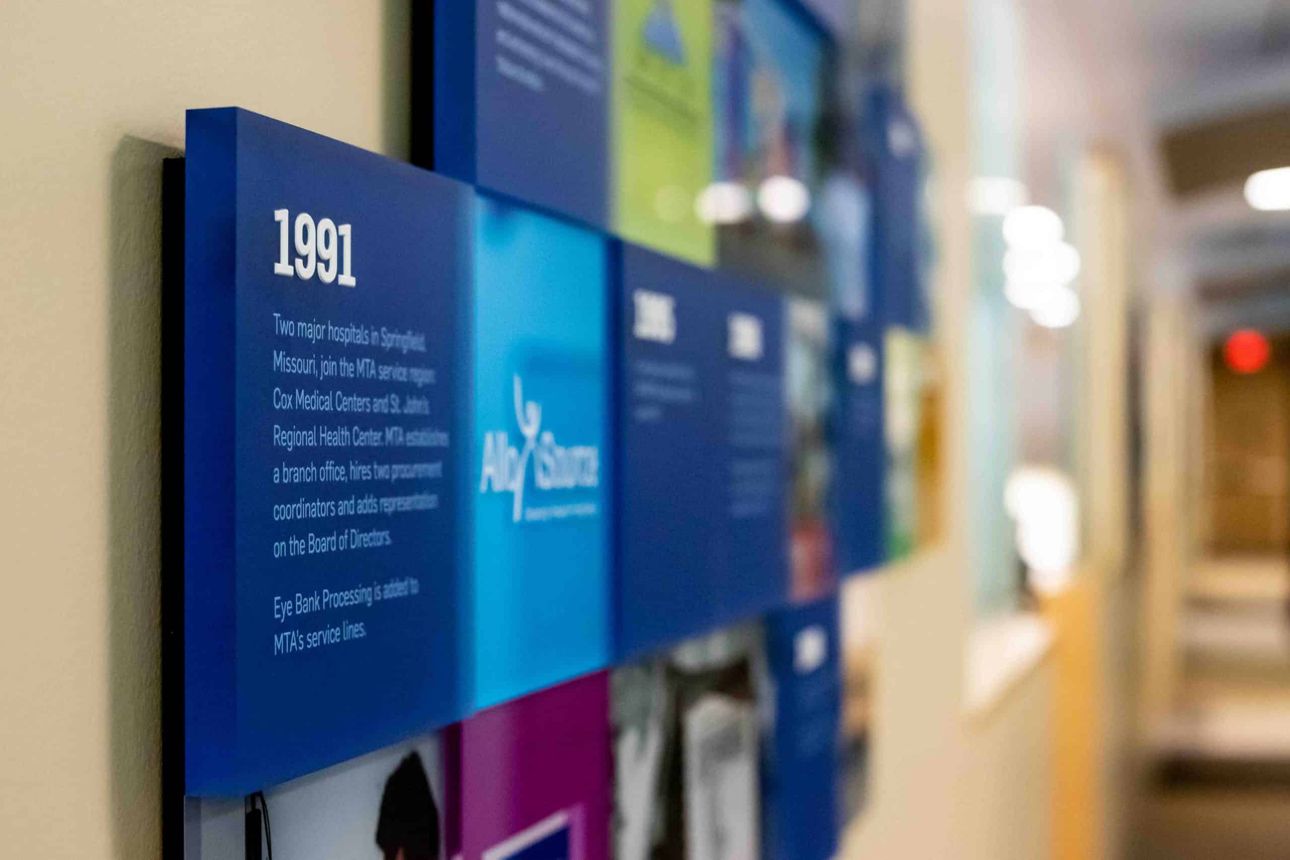 up close detail image of multidimensional timeline display for Mid-America Transplant office building