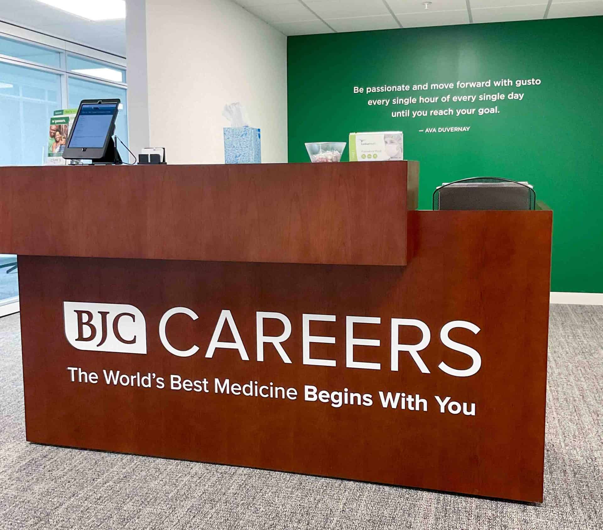 Logo vinyl at BJC Careers office for lobby desk