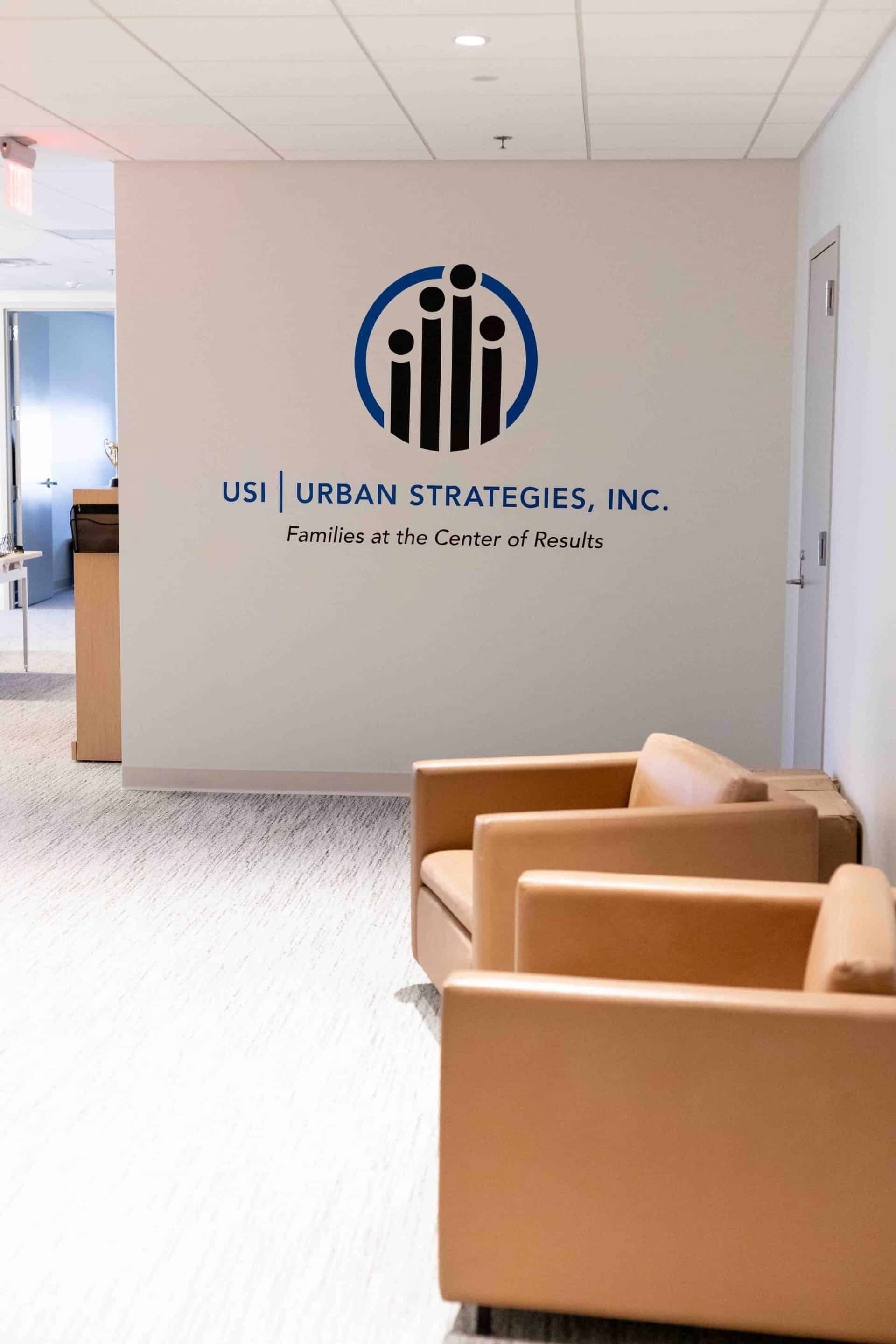 Lobby area for Urban Strategies offices with vinyl graphics