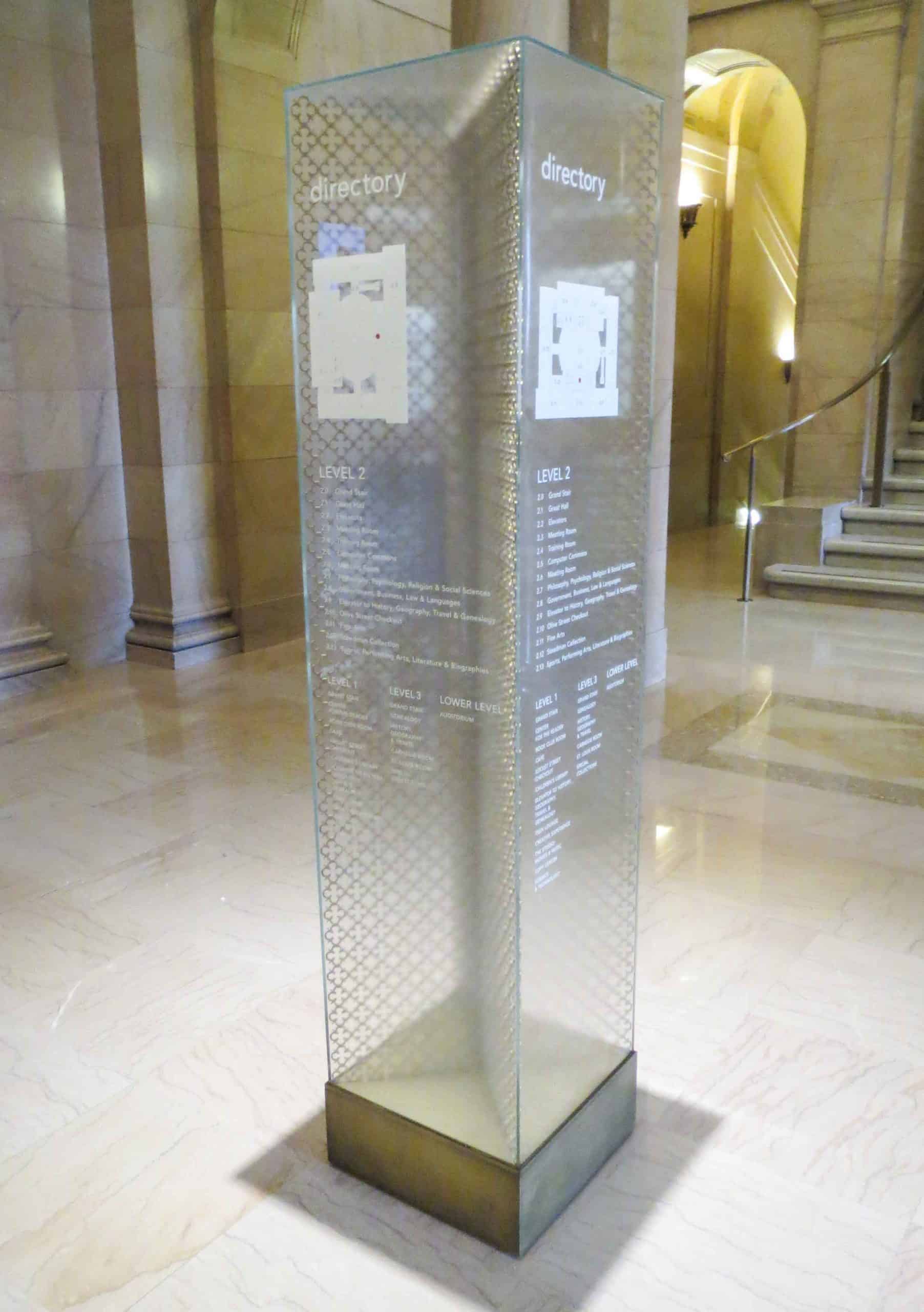 Custom directory for library made of glass panels and vinyl graphic elements
