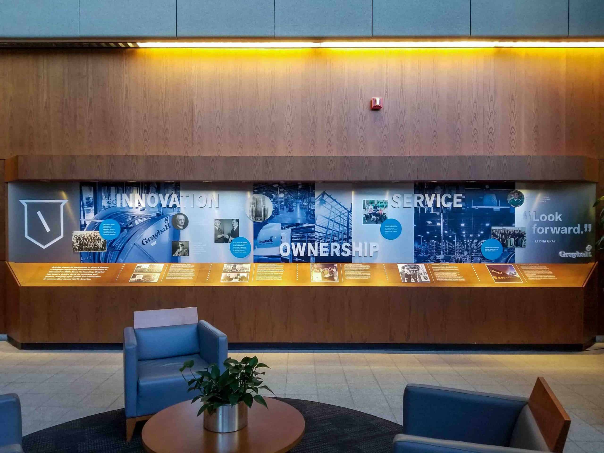 informational display with historic images and dimensional lettersets for timeline and educational exhibit for GraybaR office building