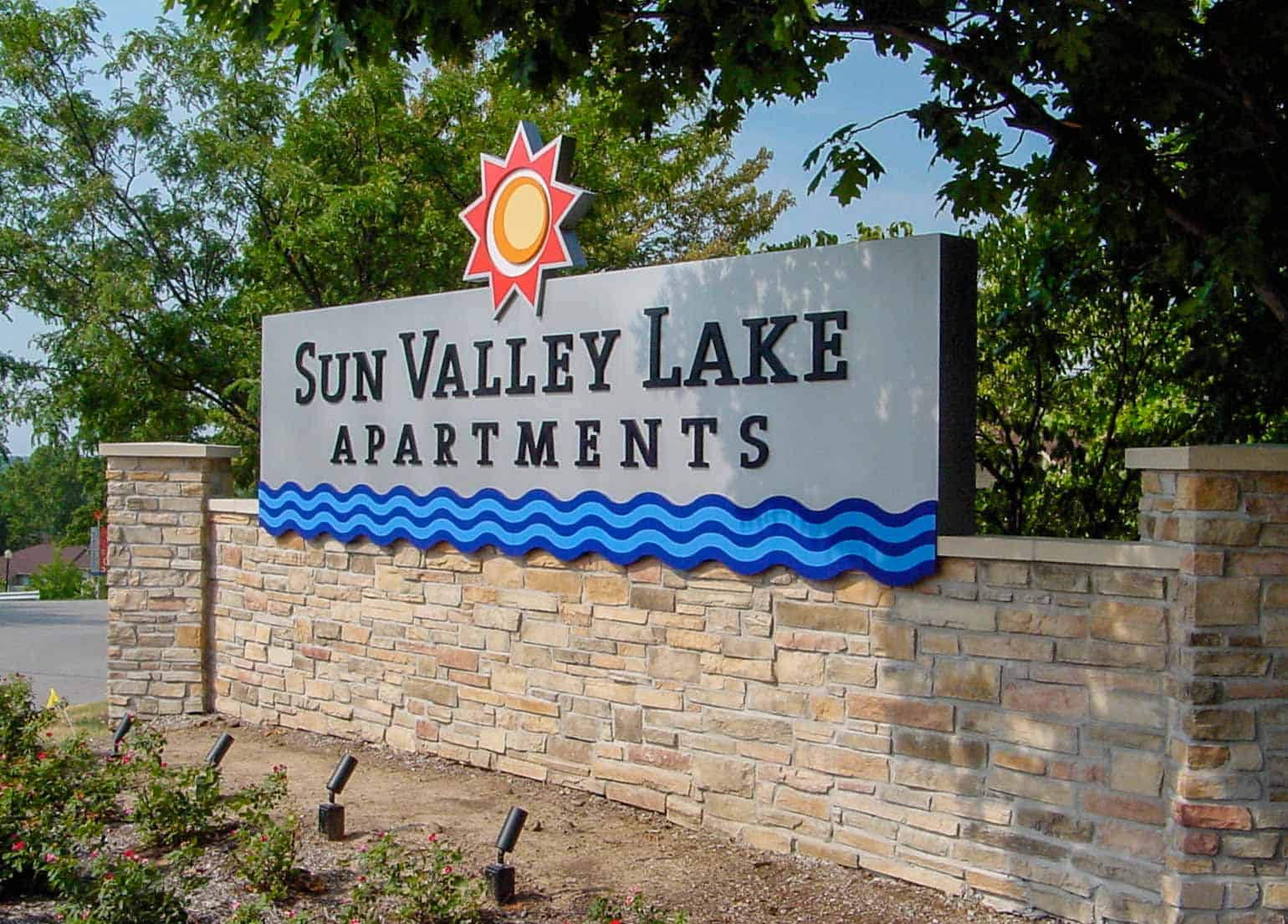 Custom fabricated monument entrance sign for residential branding package at Sun Valley Apartments