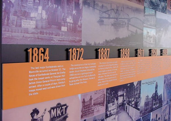 Custom dimensional timeline wall interpretive display in the exterior at Boonville city