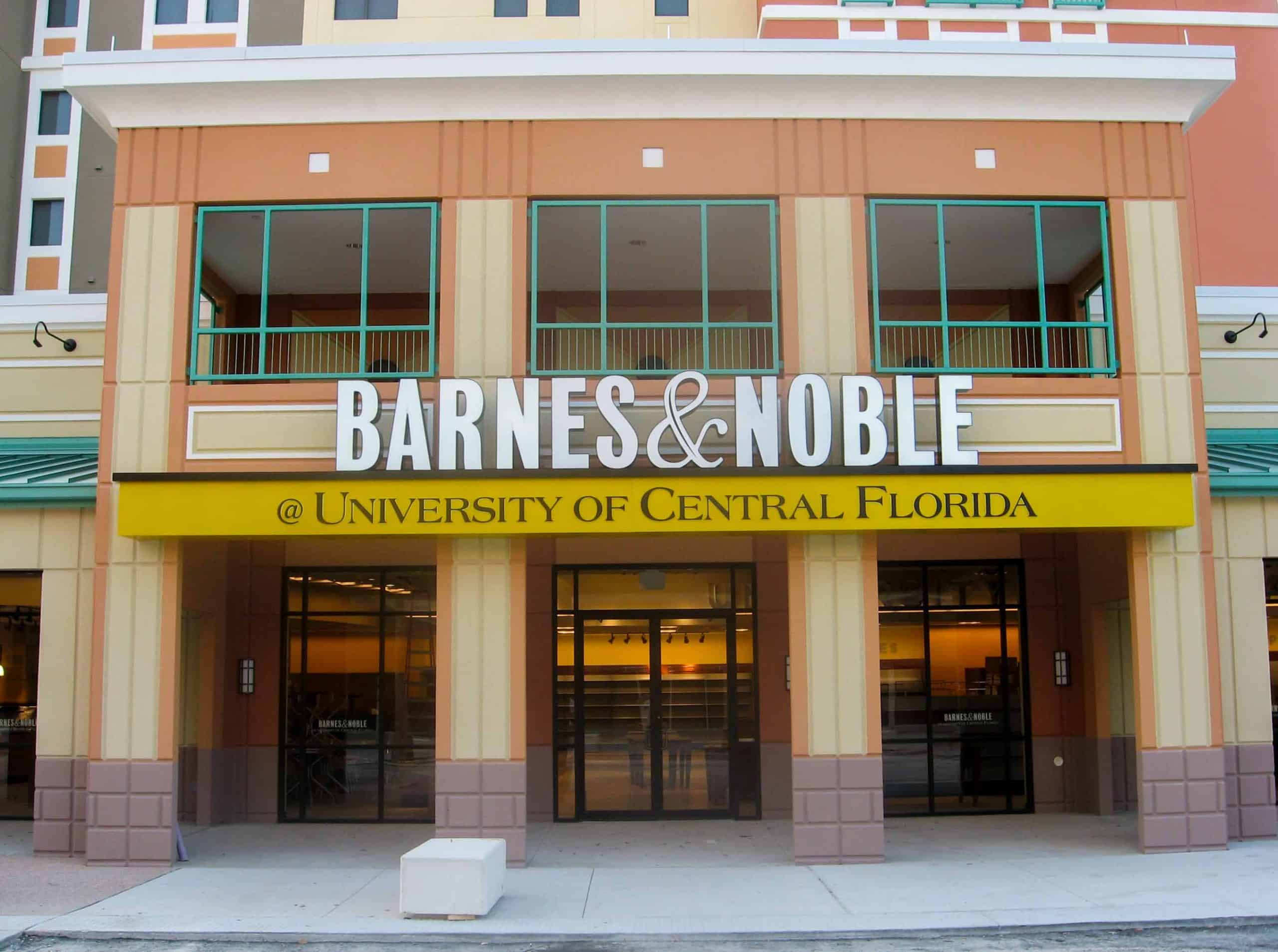 Barnes & Noble Exterior Sign for Retail Area White Letters with Yellow University of Central Florida Sign