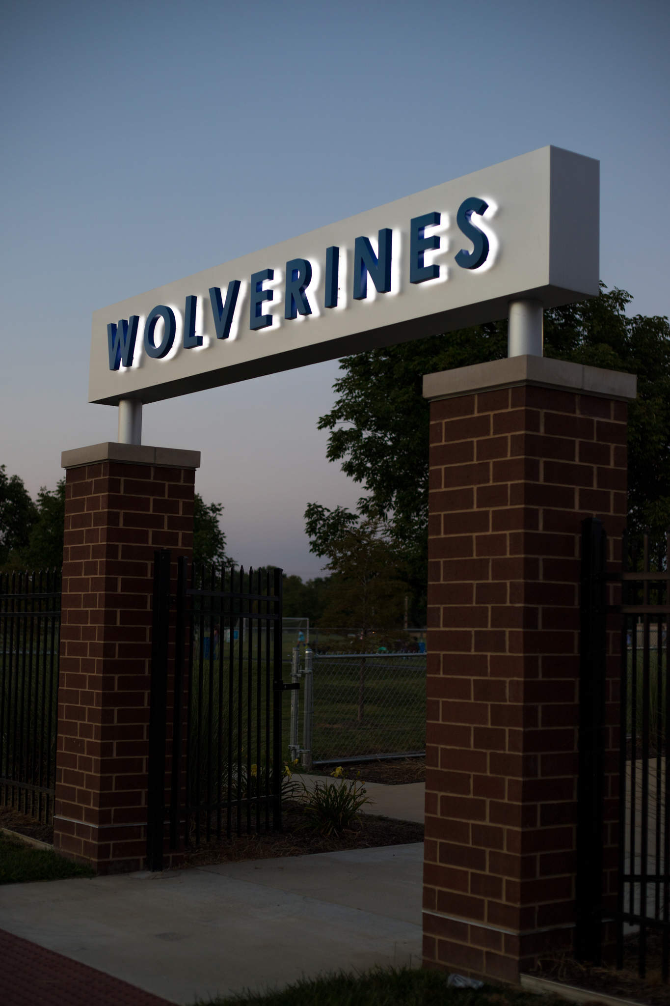 Custom Halo Lit entrance archway signage for Wolf Branch Middle School Fields
