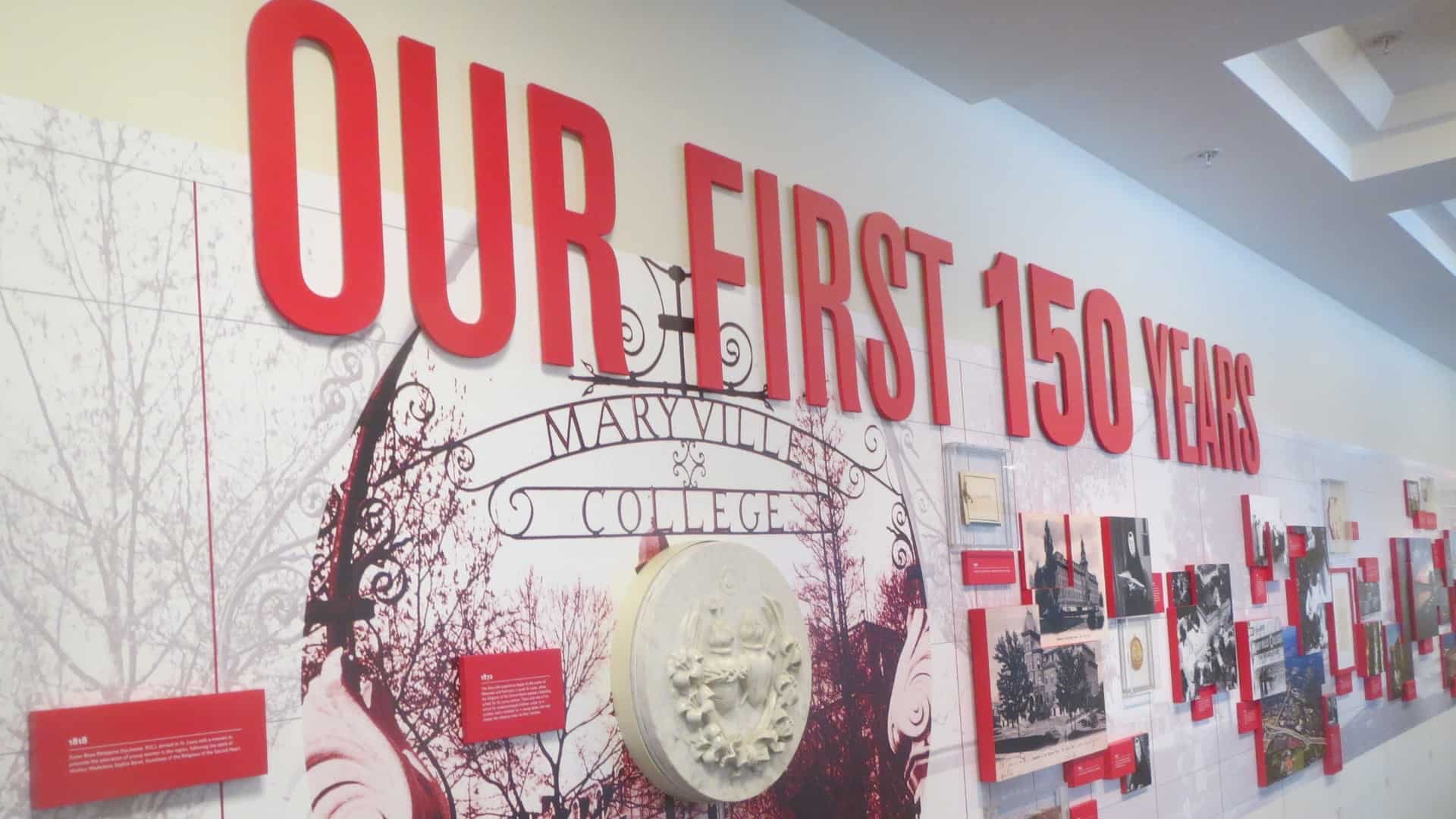 red and white timeline wall with dimensional letter sets