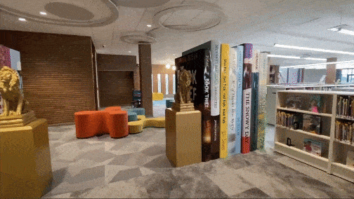 Giant books made into reading nooks for university city public library custom made by engraphix